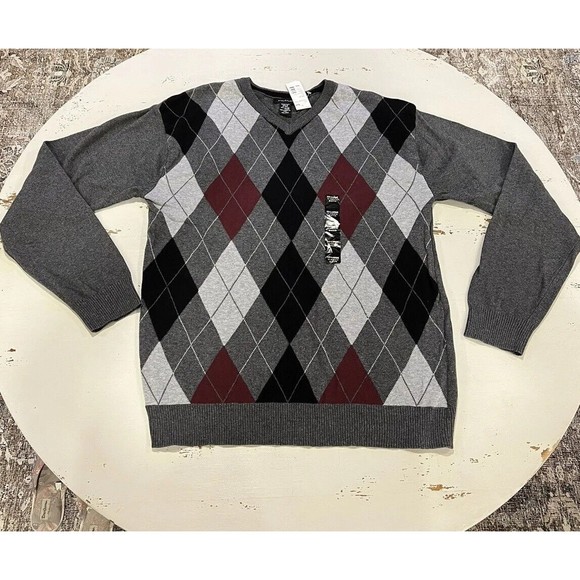 Structure Sweater Mens New with Tags XXL V-Neck Gray Argyle Long Sleeve - Picture 1 of 11